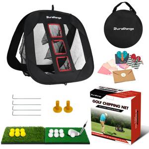 DURARANGE Pop-up Golf Chipping Net Set - Foldable Training Kit with 2 Hitting Mats, 6 Practice Balls, 6 Foam Balls - Ultimate Golf Gift & Target Chipping Aids, Black