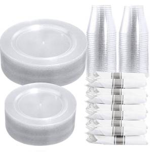 lot 19567 image: DaYammi 350 Pieces Silver Glitter Dinnerware Set 50 Guest for Party- 50 Dinner Plates, 50 Dessert Plates- 50 Per Rolled Napkins with Silver Cutlery- 50 Disposable Cups 9 OZ