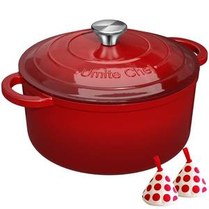 lot 19583 image: Enameled Cast Iron Dutch Oven - Umite Chef 5QT Pot with Lid & Cotton Potholders - Heavy-Duty Cookware for Bread Baking, Braising, Stews, Roasting(Red)(lots of little cosmetic damage)