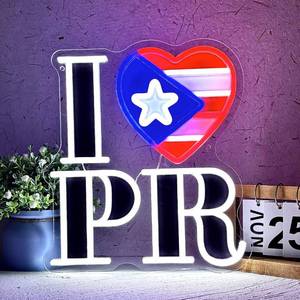 lot 19592 image: I Love Puerto Rico Flag Neon Sign, Puerto Rico Wall Art Heart-Shaped Decoration, 11.4x12.8 USB Dimmable LED Light, Suitable for Garden, Bedroom, Party and Home Decoration