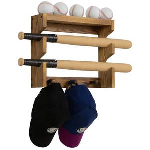 lot 19597 image: MyGift Wall Mounted Rustic Burnt Wood Baseball Bat and Accessories Rack with Ball Holder, Display Shelf and Hanging Baseball Cap Hooks