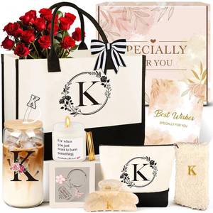 lot 19617 image: Birthday Gifts for Women, 10pcs Monogrammed Gifts for Women Initial Canvas Tote Bag, Makeup Bag, Glass Cup, Hair Clip, Candle Basket Birthday Personalized Gift for Her Woman Mom Wife Friend Teacher, K