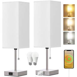 lot 19618 image: Table Lamp for Bedroom set of 2,3-Color Bedside Lamps with Pull Chain Table Lamps for Nightstand with AC Outlets,18 Night Light Lamps with 2 Bulbs Lamps for Living Room Kids Office Decor��Nickel��
