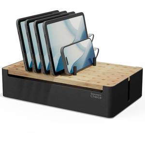lot 19634 image: Prosumers Choice Black Wooden Charging Station Organizer for Multiple Devices - Cable Management Box with 5 Slots and Removable Dividers - Charger Organizer for Phone, Tablet, Home, Office, 12x6x7