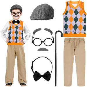 lot 19638 image: Liitrsh 8 Pcs Old Man Costume for Kids Grandpa Costume 100 Days of School Halloween Vest and Pants for Boys(5-7 Years,Yellow Green Plaid)