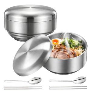 lot 19643 image: Yiyiring 2 Set 14 oz Stainless Steel Rice Bowl with Lid, Korean Bowl with Chopsticks and Spoon, Reusable Serving Bowls for Home Kitchen Restaurant