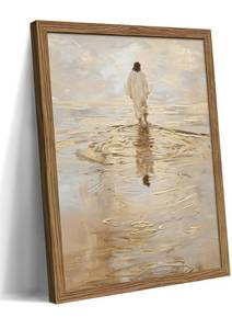 lot 19649 image: Framed Jesus Christ Walking on Water Wall Art, Christian Art, Jesus Portrait Oil Painting, Bible Verse Pictures Poster Print, I Will Walk With Christ Wall Decor for Bedroom Church �� 12x16 inch