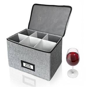 lot 20027 image: HURZMORO Wine Glass Storage Box with Dividers, Holds 6 Red or White Wine Glasses, Hard Top and Sides,6 Compartment Stemware Storage Container, Grey