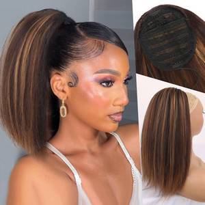 lot 20028 image: LEOSA Ponytail Extension Short Kinky Straight Ponytails Highlighted Yaki Drawstring Ponytail for Black Women Ombre Dark Brown Pony Tails Hair Extensions Synthetic Hairpiece for Daily Use