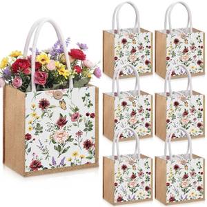 lot 20033 image: Gilprop 6 Pack Wildflower Burlap Tote Bags Reusable Jute Gift Bags with Handle Button Double Sided Botanical Print Small Tote for Bridesmaid Wedding Party Favor Spring Travel Gift 7.9 x 7.9 Inch