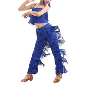 lot 20059 image: Girls 2 Pcs Latin Dance Costume Sets Tassel Camisole Tops Fringe Pants Modern Salsa Ballroom Outfits, Blue, 130 cm