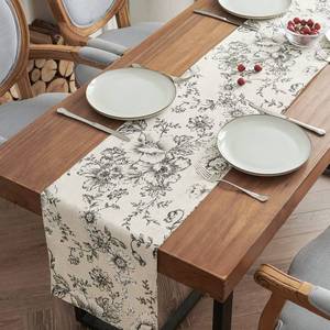 lot 20090 image: jinchan Floral Linen Table Runner for Kitchen Farmhouse 13 x 108 Inch for Kitchen Island Cloth Dining Table Indoor Outdoor Decor 1 Panel Black on Beige