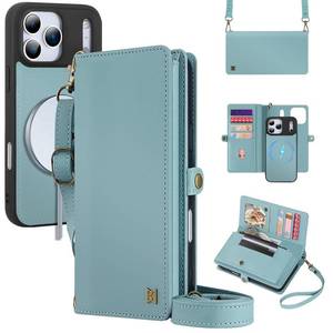 lot 20092 image: MEGSHI for Wallet Case Compatible with iPhone 17 Pro,Multi-Function Detachable 2 in 1 Magnetic iPhone 17 Pro Case Wallet,Flip Strap Zipper Card Holder Phone Case with Shoulder Straps (Blue)