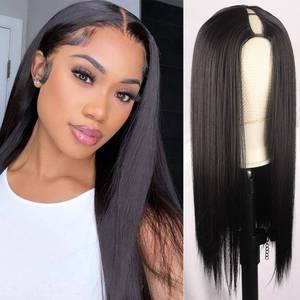 lot 20445 image: Straight V Part Wig Synthetic Black Upgrade U Part Wigs for Black Women Glueless Full Head Clip In Hair Extensions Wig V Shape No Leave Out Wigs for Women Natural soft 150% Density(1B)