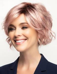 lot 20491 image: TISHINING Short Ombre Pink Wavy Bob Wigs for White Women Chin Length Pink Curly Bob Wig with Bangs Heat Synthetic Natural Looking Daily Cosplay Wig