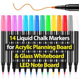 lot 20495 image: Liquid Chalk Markers for LED Drawing Note Board Acrylic Calendar Planning Board Clear Glass Dry Erase Whiteboard Window Mirror Christmas Holidays Painting, 14 Pack, 12 Vibrant Colors, 1mm Fine Points