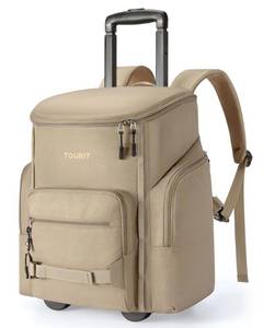 lot 3547 image: TOURIT Rolling Cooler Backpack Leakproof Waterproof Insulated 36 Cans Beach Cooler with Wheels and Handle Outdoor Camping Picnic Travel Brown
