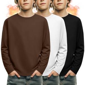 lot 4262 image: LessonZoo 3 Pack Boys Fleece Long Sleeve Shirts, Crew Neck Thermal Tops Kids Casual Soft Warm Loose Basic Tees 3-16 Years(Brown, White, Black,9-10 Years)