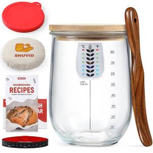 lot 4265 image: Snuvid 1 L (34 oz) Sourdough Starter Jar Kit, Wide Mouth Potbelly Crock - Glass Sour Dough Starter Bread Jar Set - Sourdough Baking Supplies - Sour Dough Bread Accessories Gifts for Sourdough Lovers