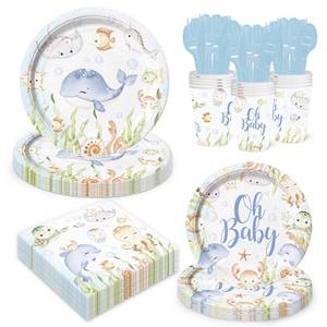 lot 4273 image: LANGASQUE 168 Pcs Under The Sea Baby Shower Supplies Paper Plates Napkins Set Including Plates, Napkins, Cups, Knives, Forks, Spoons for Party Supplies