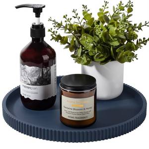 lot 4281 image: Silicone Bathroom Tray Round Kitchen Counter Organizer Decorative Vanity Accessories Coffee Table Decor for Perfume, Candle, Soap Dish, 12 Inch, Dark Blue