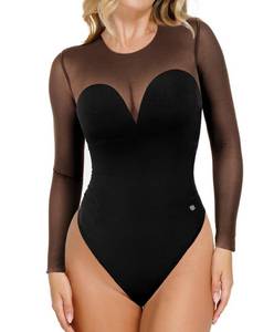 lot 4335 image: Popilush Sheer Long Sleeve Tops for Women Black Mesh Shapewear Corset Bodysuit Tummy Control Fall Concert Date Night Outfits