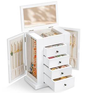 lot 5602 image: Emfogo Jewelry Box for Women, 5 Layer Large Wood Jewelry Boxes & Organizers for Necklaces Earrings Rings Bracelets, Rustic Jewelry Organizer Box with Drawers and Mirror (Vintage White)