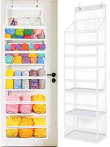 lot 6021 image: Over the Door Hanging Yarn Storage Organizer - Hold 50 Yarn Balls, PVC Knitting Organizer Bag with Metal Hooks, 5 Tier Behind Door Yarn Holder for CrochetKnitting Needles(Clear White), 1 Pack