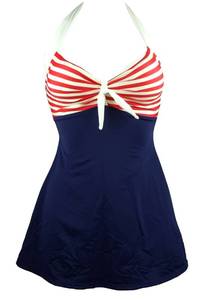 lot 6043 image: COCOSHIP Navy Blue & Red White Striped Vintage Sailor Pin Up Swimsuit One Piece Skirtini Cover Up Swimdress M(US8)
