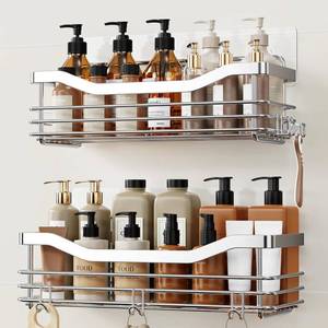 lot 6065 image: Orimade Shower Caddy Basket Shelf with 5 Hooks Adhesive Organizer Storage Rack Rustproof Wall Mounted Stainless Steel No Drilling for Bathroom, Toilet, Kitchen - 2 Pack