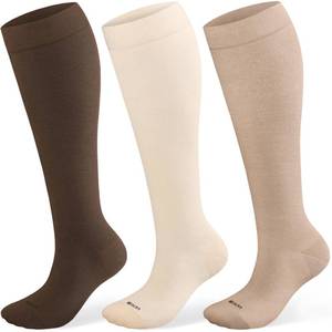 lot 6177 image: Blicount Compression Socks for Women&Men Cotton 15-20 mmHg Knee High Cute Fun Soft Graduated Support Sock for Prenancy, Nurses, Travel and Flight, Blood Circulation, Cream, Beige, Brown size large  XL