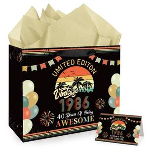 lot 6180 image: Hokinaa 40th Birthday Gift Bag - Large Vintage Retro Sunset Party Decorations with 3 Pcs Tissue Paper and Greeting Card Happy Bday Cheers to 40 Year Old Back in 1986 Decor Supplies for Women Men