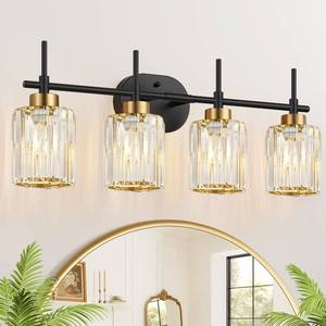 lot 6195 image: Meybiok Modern Crystal Bathroom Vanity Light, 4-Light Black and Gold Bathroom Light Fixtures, Clear K9 Crystal Shades, Adjustable UpDown Mount, E26 Base Wall Sconce (Bulbs Not Included)