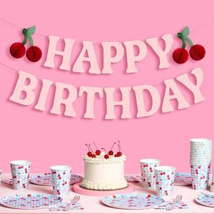 lot 6206 image: xo, Fetti Happy Birthday Cherry Banner - Pink Glitter, 6.5 Ft.  3D Cherry Garland, Bday Decoration, Accordion Party Sign, Pop Up Photoshoot Backdrop