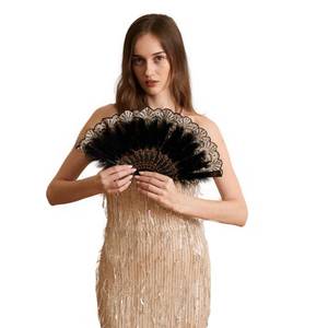 lot 6212 image: Happy Feather Embroidered Flower Marabou Feather Fan, 1920s Vintage Style Flapper Hand Fan for Costume Party Dancing-Black