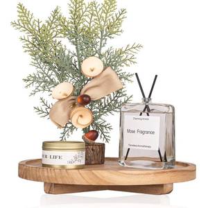 lot 6228 image: Round Decorative Tray Wood Bathroom Counter Organizer Farmhouse Kitchen Decor Wooden Riser for Soap Dish, Perfume, Candle, Sponge, 10 - Brown