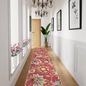 lot 6231 image: Beeiva Floral Runner Rug Non Slip, Vintage Red 2.5x12 Rug Runner for Hallways Non-Slip, Printed Distressed Ultra Thin Foldable Washable Runner Rug for Bedroom Bathroom Christmas