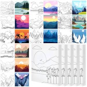 lot 6240 image: Teling 12 Pcs Pre Drawn Stretched Canvas Kit for Adults Painting Pre Printed Canvas Outline for DIY Painting Party Favor,6 x 6 x 0.6 Inches(Mountain)