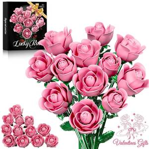 lot 6249 image: XGSHJ Pink Rose Bouquet Building Set for Girls & Boys - 12 Pack Botanical Collection Gift for Easter Basket Artificial Flowers Botanical Collection Centerpiece Retro Decor