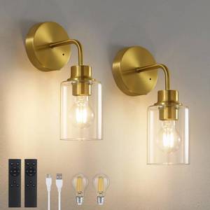lot 6497 image: Epinl Battery Operated Wall Sconce Set of Two - Dimmable Wireless Sconces Set of 2 with Remote Control, Cordless Rechargeable Gold Wall Lights 3000K Modern wall lamp for Bathroom Bedroom Living Room