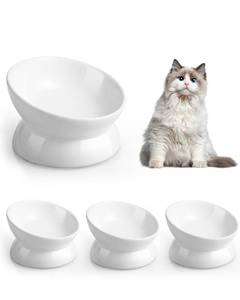 lot 11341 image: LoeJan Elevated Cat Food Bowl, 5 Oz Ceramic Raised and Tilted Water Bowl, Anti Vomiting and Protect Pets Spines Dishes for Small Dog, Fat Faced Cat, Kitten (White, 4 Pack)