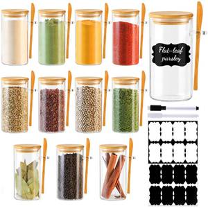 lot 11342 image: TBWIND 12 Pack 10 oz Round Glass Spice Jars with Lids and Spoons �� Airtight Small Spice Containers Set with Labels, Clear Glass Storage Jars for Seasoning, Spices, Kitchen Pantry Organization (Used)