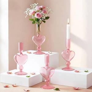 lot 11365 image: Teecyhooo 4pcs Valentines Day Candle Holder 7 Heart Glass Taper Candlestick Holder Valentines Heart Candle Stick Vase Decor for Wedding Party Table Centerpiece(Pink)