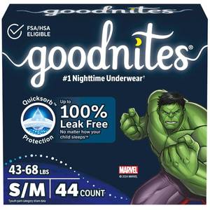 lot 11384 image: Goodnites Boys Nighttime Bedwetting Underwear, Size SM (43-68 lbs), 44 Ct (2 Packs of 22), Packaging May Vary