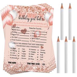 lot 11399 image: Leinuosen Who Knows The Birthday Girl Best Card 50 Pcs Birthday Party Game Set Girly Pink Rose Gold Sprinkles Themed Cards with 10 Pre Pointed Pencils for Teen Sweet Sleepover Party