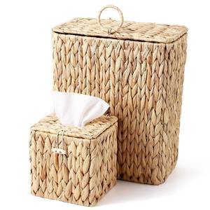 lot 11418 image: BSSN Boho Wicker Trash Can with Lid and Tissue Box Holder, Water Hyacinth Bathroom Small Waste Basket, Rattan Garbage Wastebasket with Lid for Bedroom,Toilet