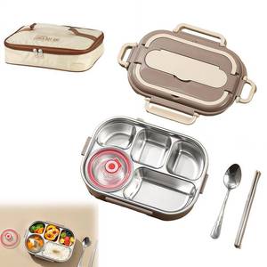 lot 11421 image: Adult Lunch Box Set, Five Compartments, Stainless Steel Construction, Easy to Clean, Heats Food by Adding Hot Water.