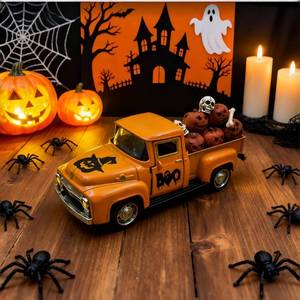 lot 12013 image: Halloween Decorations Indoor Vintage Metal Truck with Mini Fake Skulls and Pumpkins Cute Ghost Decor Scary Farmhouse Halloween Centerpieces for Table Home Mantel Pumpkin Tiered Tray Decor Party Gift