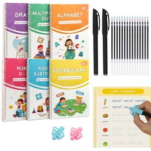 lot 12041 image: Magic Grooved Handwriting Practice Book Set for Kids Ages 3-8, Reusable Large Size Writing Workbooks, Preschool Kindergarten Learning Activity (6 Books)