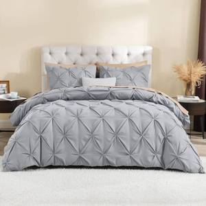 lot 12105 image: Litanika Silver Grey King Pinch Pleat Duvet Cover, 3 Pieces Pintuck Cover Soft Microfiber Bedding Set with Zipper Closure & Corner Ties(104x90Inch-1 Duvet Cover, 2 Pillowcases)
